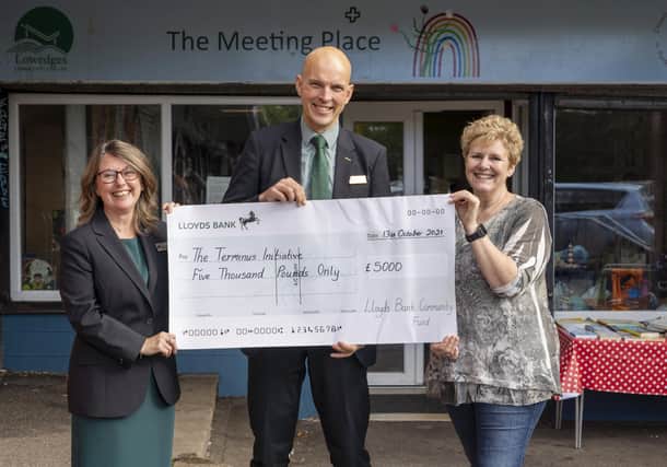 Lloyds Bank Community Fund presents £5,000 to The Terminus in Lowedges - Donna Chapman and James Haddow from Lloyds Bank with Elaine Hollings from The Terminus. Picture Scott Merrylees