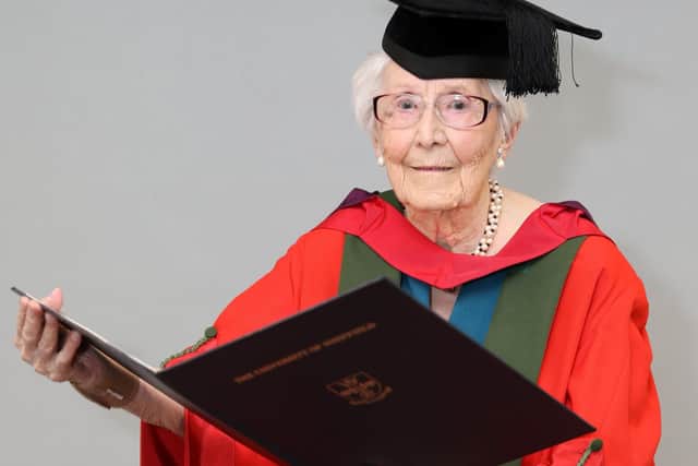 Pictured Woman of Steel Kathleen Roberts with her honorary degree. A 100-year-old woman who worked in steel mines during WW2 has become the oldest person to be given an honorary degree. See SWNS story SWMR100. Kathleen Roberts is the only surviving member of the 'Women of Steel'' - who kept the industry going with gruelling work at the outbreak of the Second World War. She has now been made an Honorary Doctor of Engineering at the University of Sheffield - recognising her efforts as a female steelworker and campaigner. 