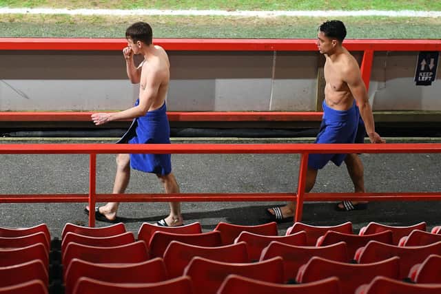 Sheffield Wednesday's Ciaran Brennan and Joey Pelupessy make their way towards the showers past the main stand... (Photo by Harry Trump/Getty Images)