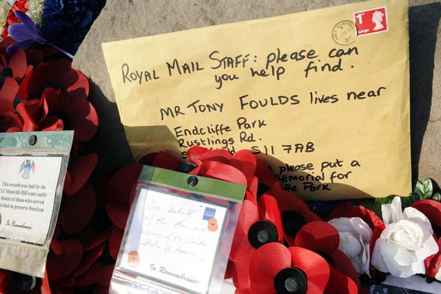 An envelope sent through the post laid on the memorial