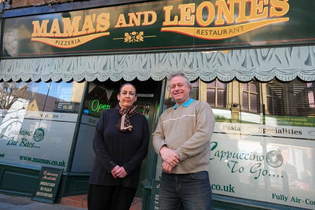 Owners Catherine and John Hall outside Mama's and Leonies Italian restaurant in Sheffield City Centre which is still going strong after 55 years
