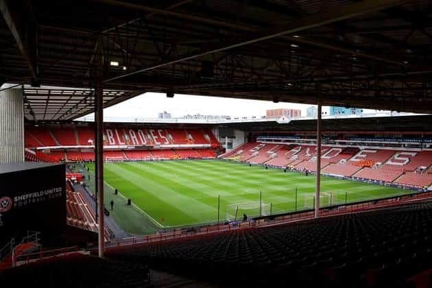 Pictured is Sheffield United FC's famous Bramall Lane as it is today brandished with the club nickname 'The Blades'.
