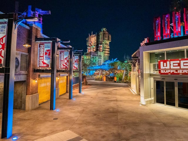 A view of the WEB SLINGERS: A Spider-Man Adventure and Guardians of the Galaxy - Mission: BREAKOUT! in Avengers Campus. Picture: Christian Thompson/Disneyland Resort via Getty Images