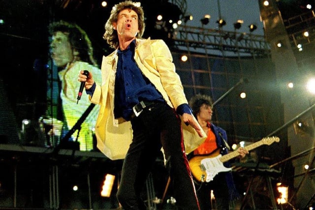 Mick Jagger on stage at the Rolling Stones concert at Don Valley Stadium in Sheffield on July 9, 1975 as part of their Voodoo Lounge Tour.