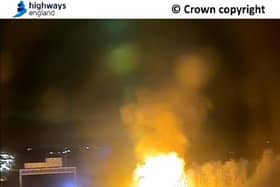 A lorry caught fire overnight on the southbound M1 near Sheffield (National Highways)