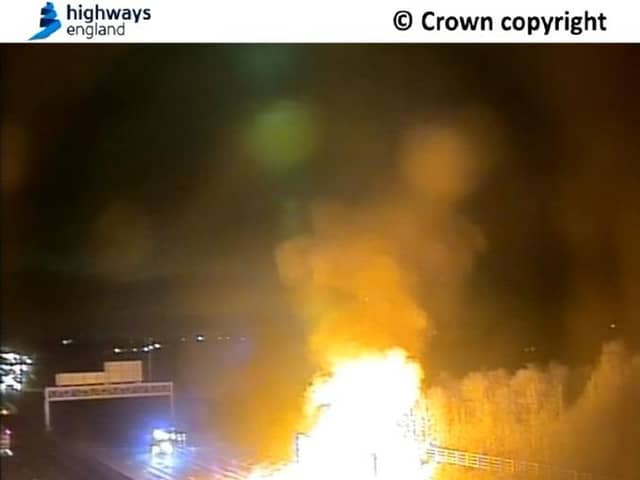 A lorry caught fire overnight on the southbound M1 near Sheffield (National Highways)