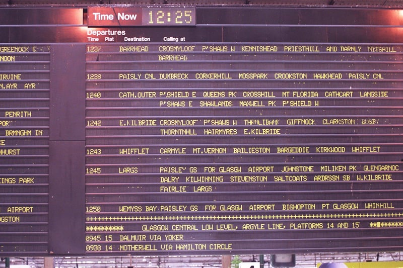 Glasgow Central station indicator board in 1997. There’s been a few changes to that since! 