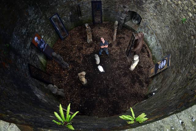 Artist Simon Kent with his installation in the bear pit, part of the 2014 Art in the Gardens event