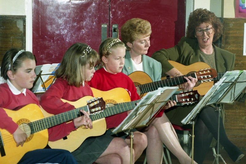 Extra curricular music teraching at Havelock Primary was described as outstanding in 1997 with pupils and teachers learning their instruments together.  Pictured left to right are:  Amy Richardson, 10; Nikki McGuire, 11; Kimberley Moon, 10; Terry Cross, deputy  head; and Jane Caldwell, head.