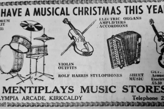 Generations of folk in Kirkcaldy shopped at Mentiplays in the Olympia Arcade.
This advert promotes violins ... and Rolf Harris Stylophones.