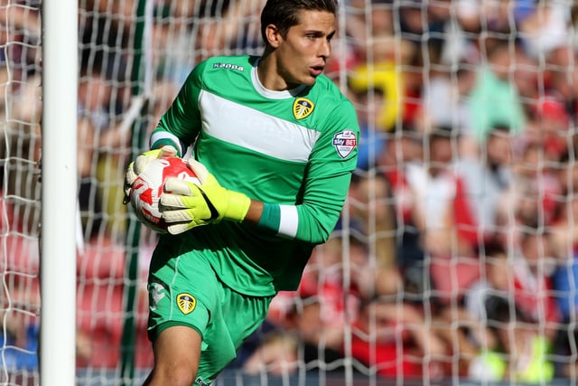 Leeds United goalkeeper Marco Silvestri on the ball during the Sky Bet Championship against Middlesbrough and Leeds United at the Riverside.