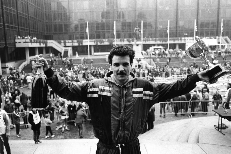 Kevin Jaques celebrating his win at the Portsmouth half marathon, 1987. The News PP4941