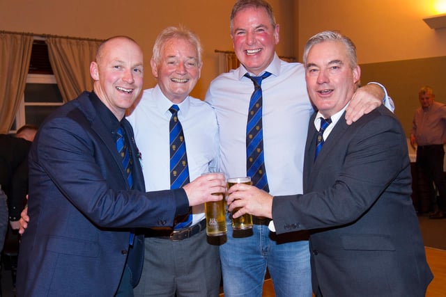 Carlos Stephenson, Allan Ferguson, Donald Mackay and Derek Mclachlan raising a glass to Jed Legion