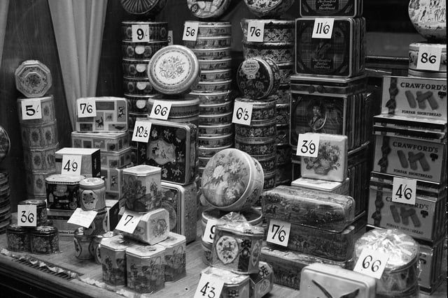 A Christmas display of tins of biscuits in and Edinburgh department store in 1958.