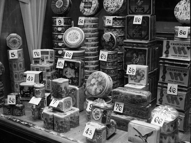 A Christmas display of tins of biscuits in and Edinburgh department store in 1958.