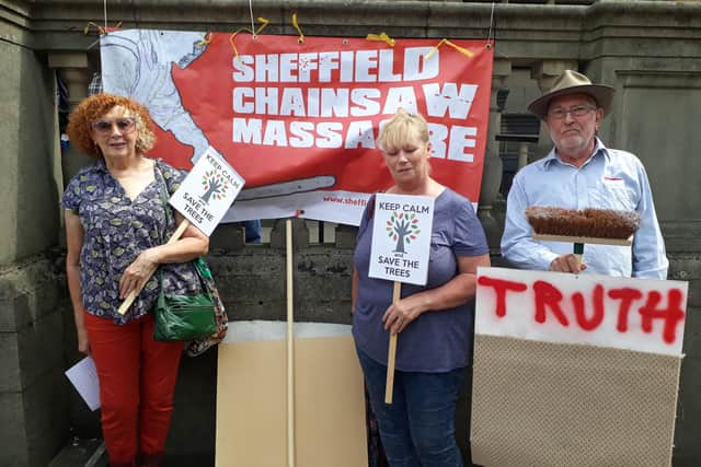 Sheffield street tree campaigners outside the Town Hall in the city centre. Sheffield Council has removed a highly controversial target to fell 17,500 street trees as part of its £2.2 billion PFI contract with Amey.