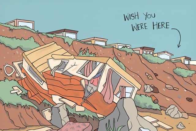 Wish You Were Here is designed like an old postcard and shows a collapsing sandbank strewn with rubbish, which includes a caravan.