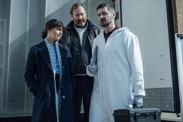 At the scene of the crime are (from left) Annabel Scholey as DI Lauren Bell, Jamie Kenna as Ellis Daldry and Richard Armitage as maverick forensic pathologist Ethan Winter (Picture: Eagle Eye Drama/ITV/ITVx)