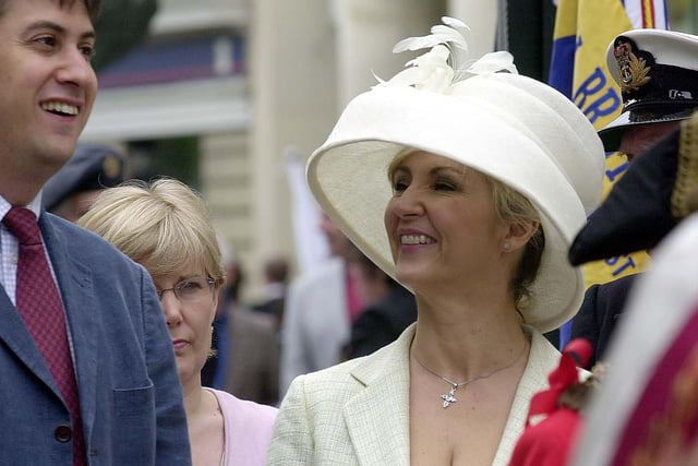 Singing star Lesley Garrett shares a lighthearted moment with MP Ed Milliband before the march through Doncaster town centre to commemorate VE Day in 2005