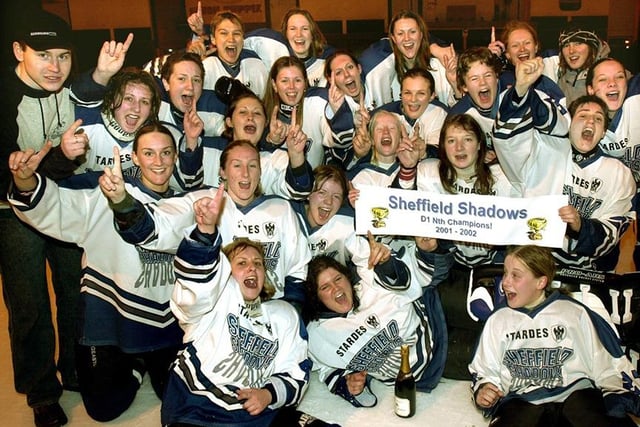 Sheffield Shadows celebrate winning their league after a 7-7 draw with Whitley Bay at Queen's Road Ice Rink, February 2002