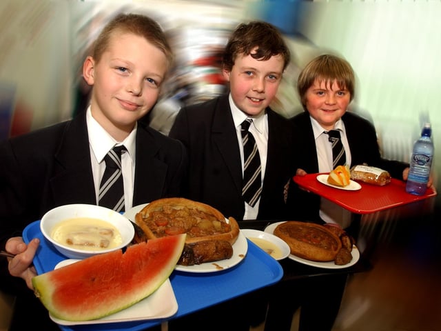The Armthorpe School pupils, from left, Steven Benton, Cameron Farrell and Joseph Monks, all aged 12, with their school meals in 2005