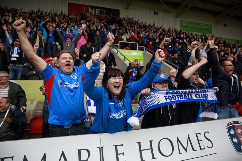 Supporters celebrate the Blues' 2-1 win at Doncaster last season.