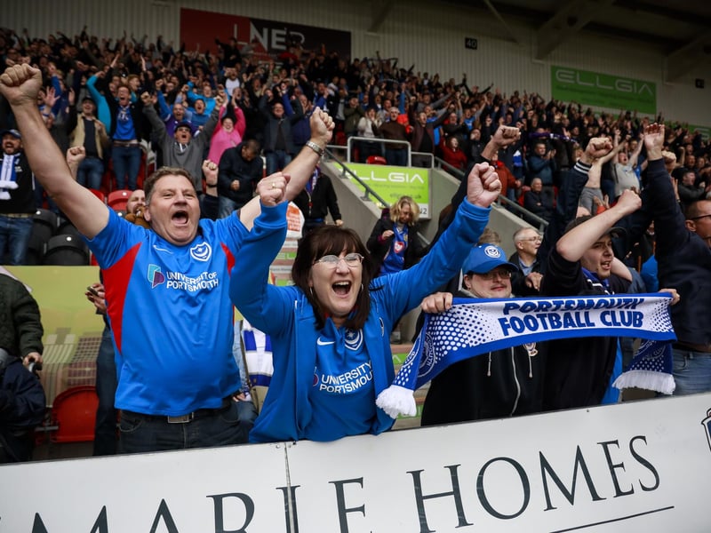 Supporters celebrate the Blues' 2-1 win at Doncaster last season.