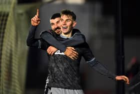 Sheffield Wednesday goalscorer Callum Paterson and Liam Shaw celebrate after the Scotsman had put the Owls 2-0 up in the FA Cup third round tie at Exeter City earlier this month. (Photo by Harry Trump/Getty Images)