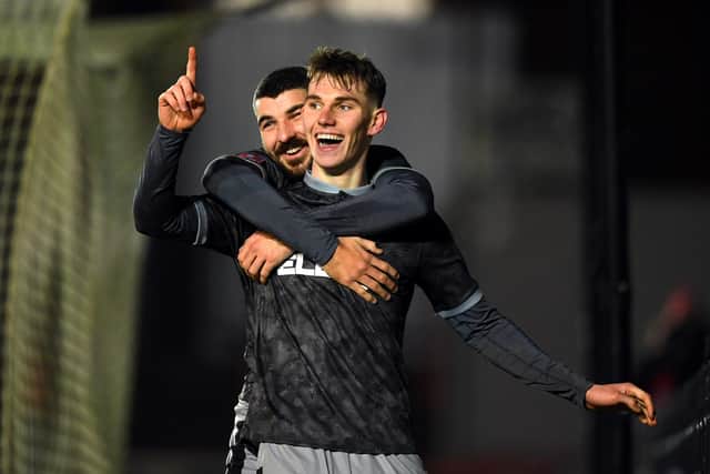 Sheffield Wednesday goalscorer Callum Paterson and Liam Shaw celebrate after the Scotsman had put the Owls 2-0 up in the FA Cup third round tie at Exeter City earlier this month. (Photo by Harry Trump/Getty Images)
