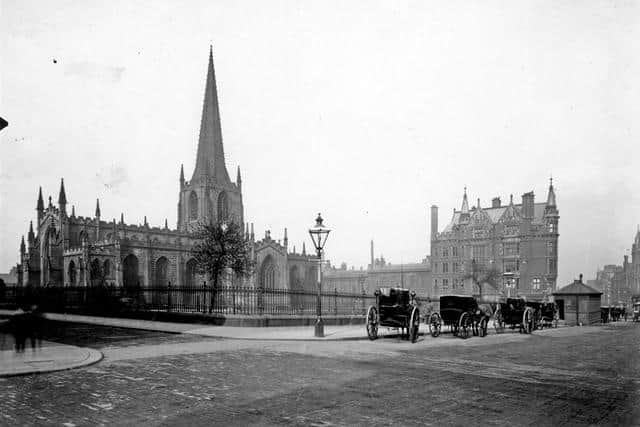 19th Century photo of Sheffield parish church - now cathedral - showing railings and gates that were locked to the charity school boys. 
Pic: www.picturesheffield.com