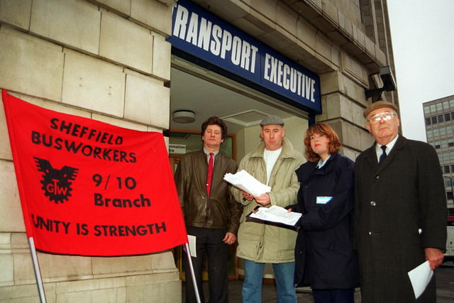 Protesting against the sale of Supertram,and handing over a petition at the Transpot Executive offices,L to R Colin Ellis,Mike Skinner,Elaine Jones and Bill Ronksley,Sec.Sheffield TUC pictured in 1997