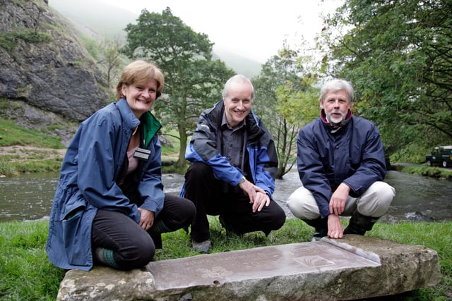 Fiona Reynolds, director general of the National Trust, Sir Martin Doughty, chairman of English Nature, and Tony Hams, chairman of the Peak District National Park Authority, by the side of the limestone stoop which was carved by National Trust stonemasons at Hardwick in 2006