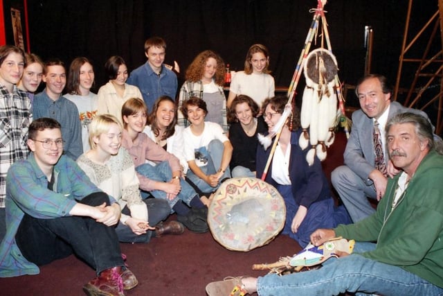 Pupils at Sheffield’s King Edward School meeting native American Skyhorse on a visit to the school in 1995.
