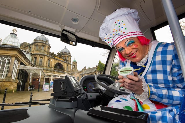 Panto dame James Holmes celebrates the special Catch the Bus and Save promotion.
