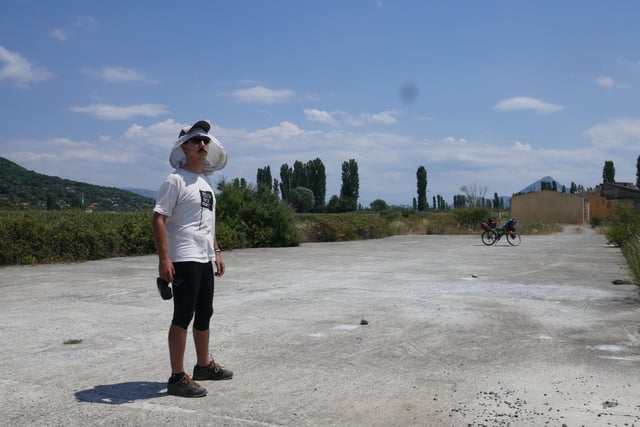 Mike models his sun protection outside Shkoder in North Albania.