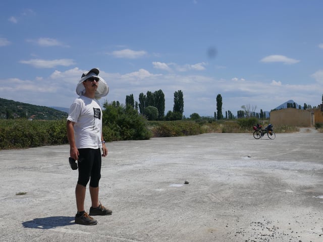Mike models his sun protection outside Shkoder in North Albania.