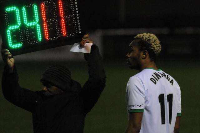 Dinanga, who signed before kick-off on loan from Stevenage, came on for Denton on the hour. He won a couple of headers but with Town under pressure we did not see too much of him.
