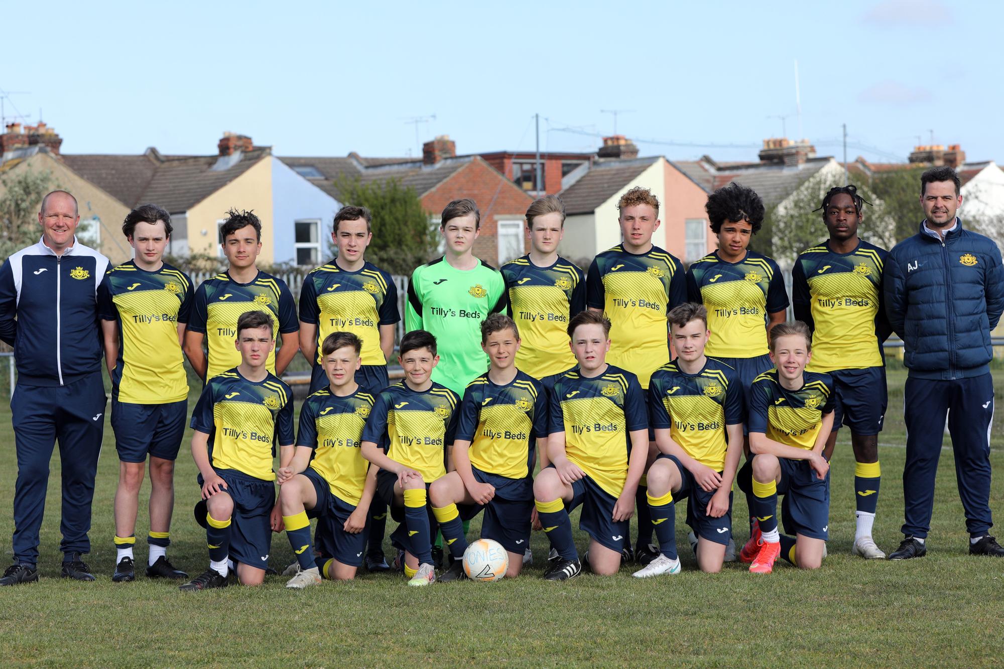 Moneyfields U14s. Back row (from left): Danny Madden (coach) Tommy Knipe, Taylor Smith, Toby Davis, Riley Carter, Fred Madden, Lennon Kiel, Cameron Magyini, Emmuael Kabeya, Ant Jeram (manager). Front. Dexter Poulton, Tyler Richardson, Max Hart, Lennon Jeram, Woody Fuller, Dallas Blandford, Bryn Shipp-Scutt.