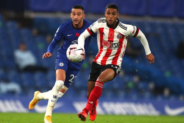 Max Lowe in action for Sheffield United against Chelsea earlier this season at Stamford Bridge: Simon Bellis/Sportimage