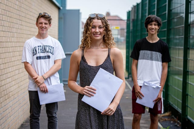 Alex Bird and Kate Cooper, Melic Oughton with their results at UTC College in Portsmouth. Picture: Habibur Rahman