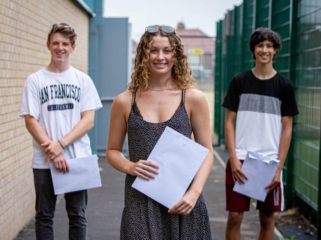 Alex Bird and Kate Cooper, Melic Oughton with their results at UTC College in Portsmouth. Picture: Habibur Rahman