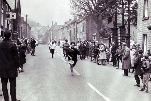 Janet Wright (16) took  an easy victory in the ladies open Pancake Race at Winster, Derbyshire February 7,  1967