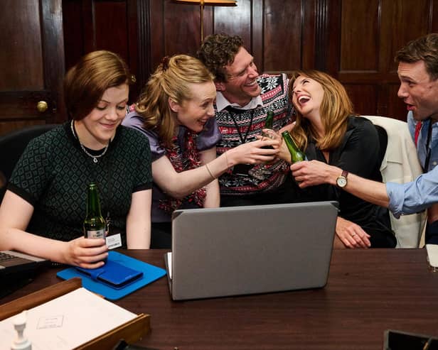 Channel 4's Partygate told the story of the lockdown parties inside No.10 Downing Street during the Covid-19 pandemic. From left, Grace Greenwood (played by Georgie Henley), Alice Lyons (Alice Orr-Ewing), Rory Baskerville (Tom Durant-Pritchard), Annabel D'Acre (Ophelia Lovibond), Josh Fitzmaurice (Hugh Skinner) (Picture: Rob Parfitt/Channel 4)