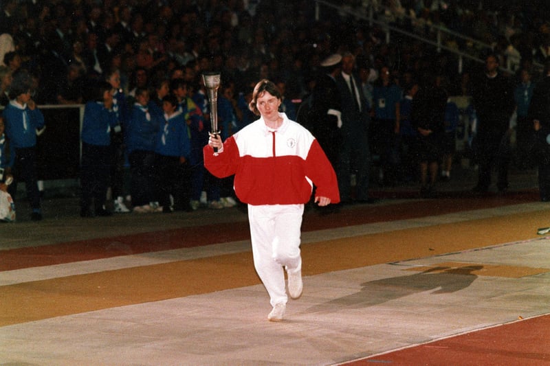 Sheffield-born Helen Sharman, who was Britain’s first astronaut, with the World Student Games torch at the opening ceremony at Don Valley Stadium. She tripped on her run, losing the torch embers, but carried on to perform her task.