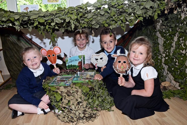 Nursery children l-r Perri Benniston, Annalise Kay, Liam Burrows and Olivia Horner, all four, pictured in the Gruffalo role play area, in the new Early Years Unit in 2017