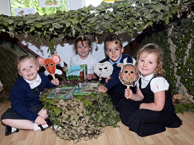Nursery children l-r Perri Benniston, Annalise Kay, Liam Burrows and Olivia Horner, all four, pictured in the Gruffalo role play area, in the new Early Years Unit in 2017