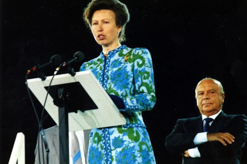 Princess Anne, patron of the games, making the opening speech with Primo Nebiolo, president of international university sport body FISU in the background at the opening ceremony of the World Student Games at Don Valley Stadium, Attercliffe on July 14, 1991. Ref no: u06221
