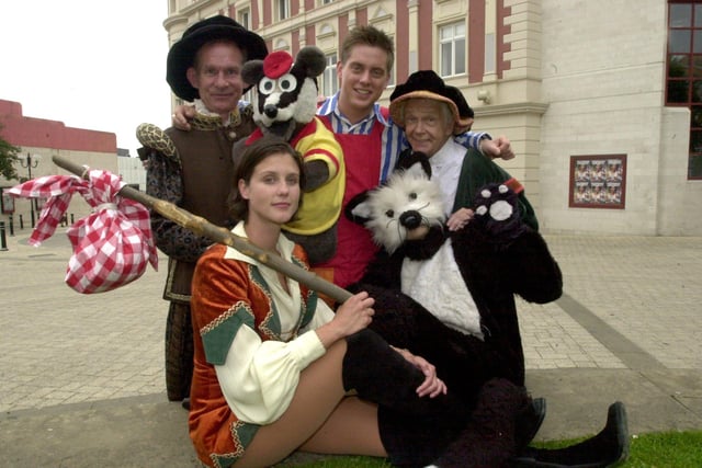 Dick Whittington pantomime photo-call at Sheffield Lyceum Theatre in July 2002. Pictured are Andy Cunningham of children's TV comedy Bodger & Badger, Sheffield-born children's TV star Richard McCourt of Dick and Dom fame as Idle Jack, Tom Owen as Alderman Fitzwarren, Heather Peace as Dick Whittington and Natalie Cole as the cat