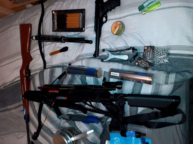 Police found a range of weapons gathered by Broadhurst including crossbows, air pistols, rifles, and an improvised homemade cannon.
