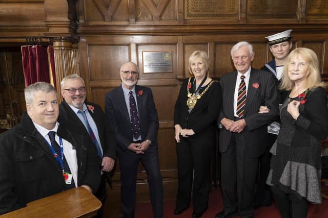 Unveiling of a plaque to Sheffield PALS in Shefiield Town Hall's Council Chamber. L-R Bryan Lodge , Terry Fox, Tony Damms Gail Smith, Col. Jeffrey Norton, Ordinary Cadet Ben Crofts and Jackie Drayton. Picture Scott Merrylees
